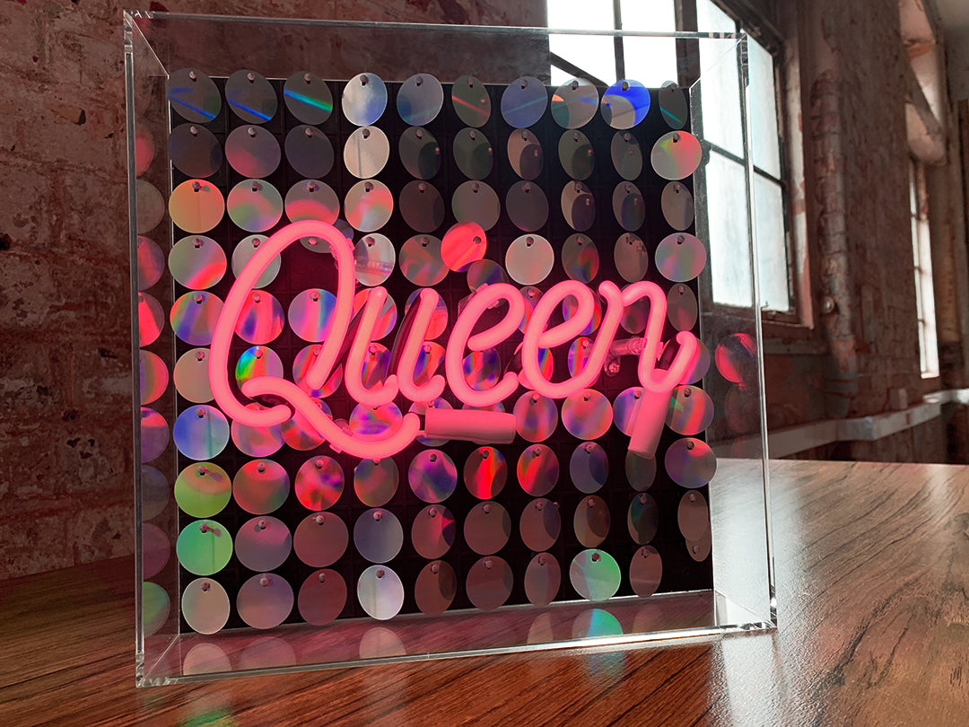 'Queen' Acrylic Box Neon Light with Sequins - Locomocean Ltd