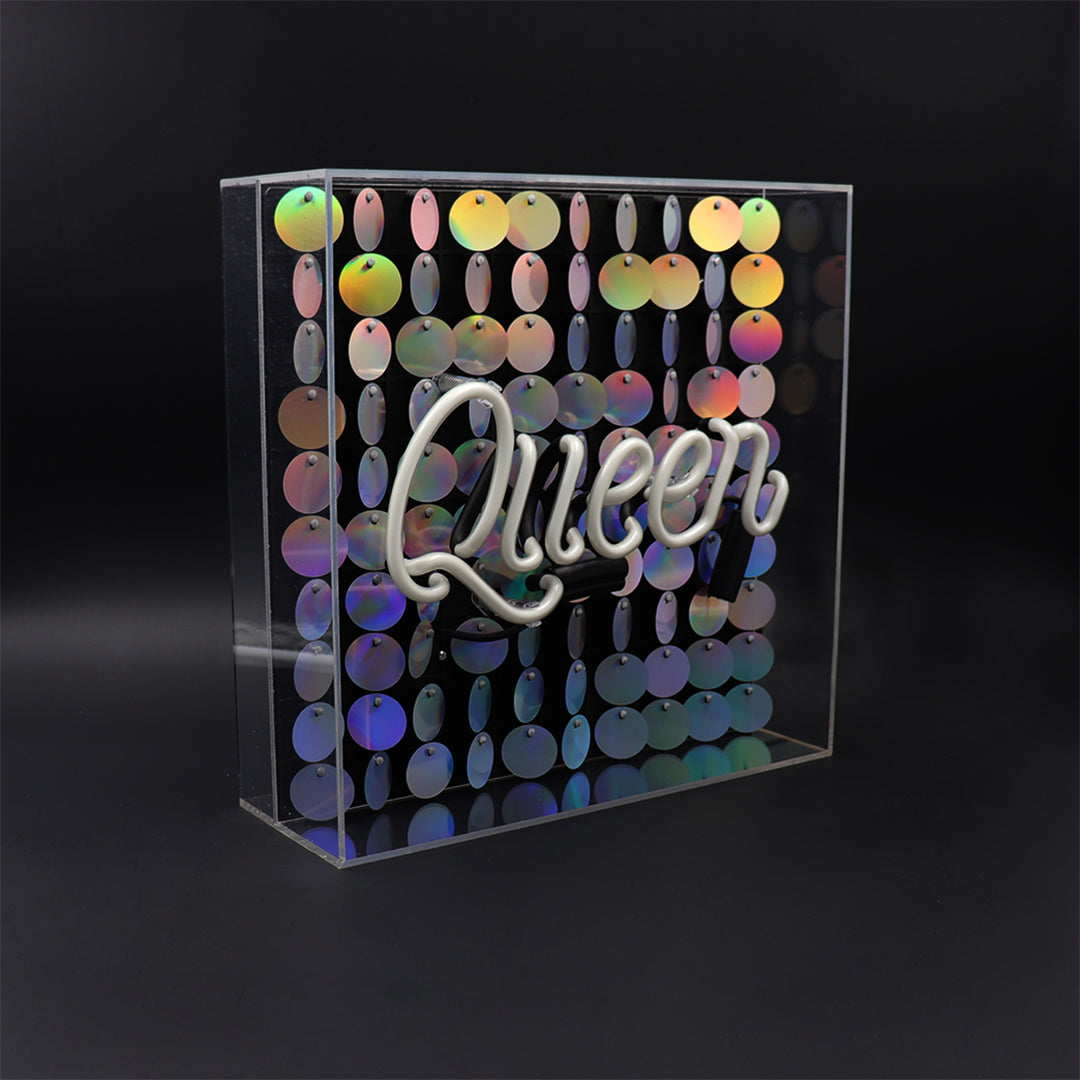 'Queen' Acrylic Box Neon Light with Sequins - Locomocean Ltd