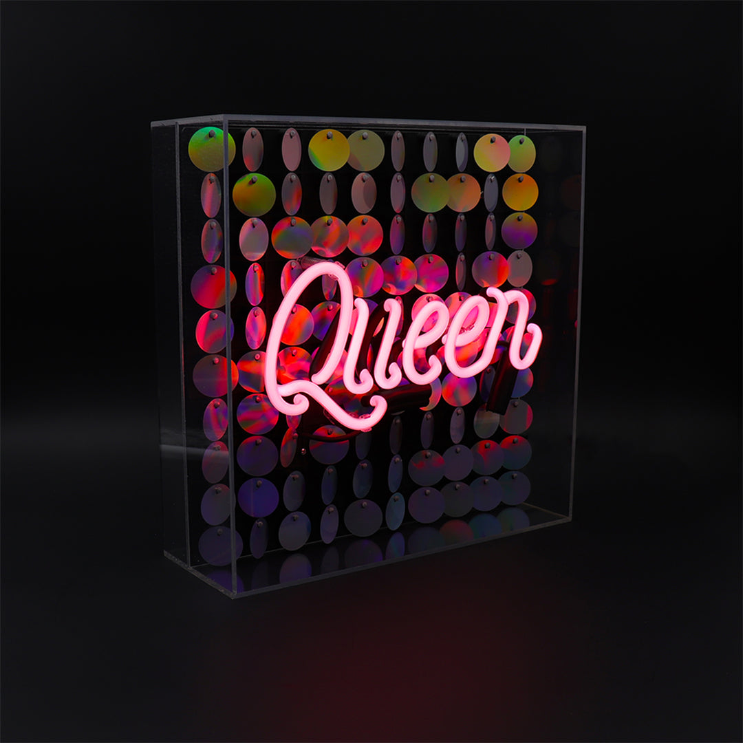 'Queen' Acrylic Box Neon Light with Sequins - Locomocean Ltd