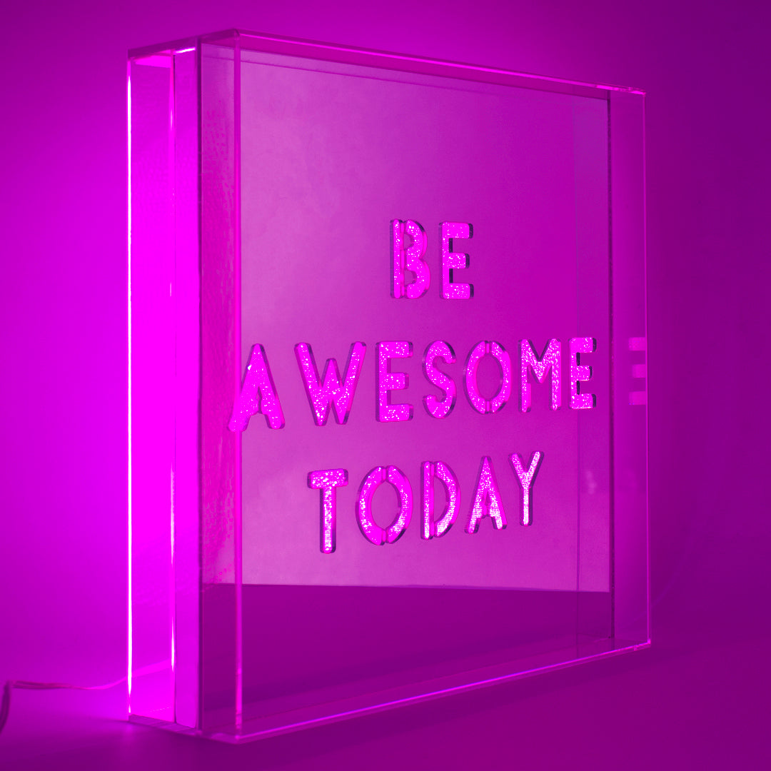 Pink 'Be Awesome Today' Large Square Acrylic Box LED - Locomocean Ltd