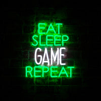 'Eat Sleep Game Repeat' Green & White Neon LED Wall Mountable Sign - Locomocean Ltd