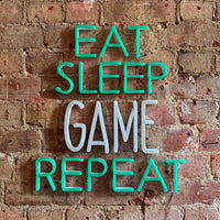 'Eat Sleep Game Repeat' Green & White Neon LED Wall Mountable Sign - Locomocean Ltd