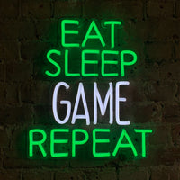 'Eat Sleep Game Repeat' Green & White Neon LED Wall Mountable Sign - Locomocean Ltd