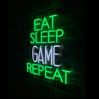 'Eat Sleep Game Repeat' Green & White Neon LED Wall Mountable Sign - Locomocean Ltd