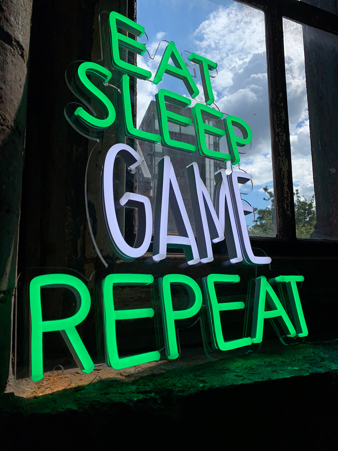 'Eat Sleep Game Repeat' Green & White Neon LED Wall Mountable Sign - Locomocean Ltd