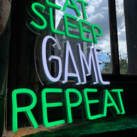 'Eat Sleep Game Repeat' Green & White Neon LED Wall Mountable Sign - Locomocean Ltd