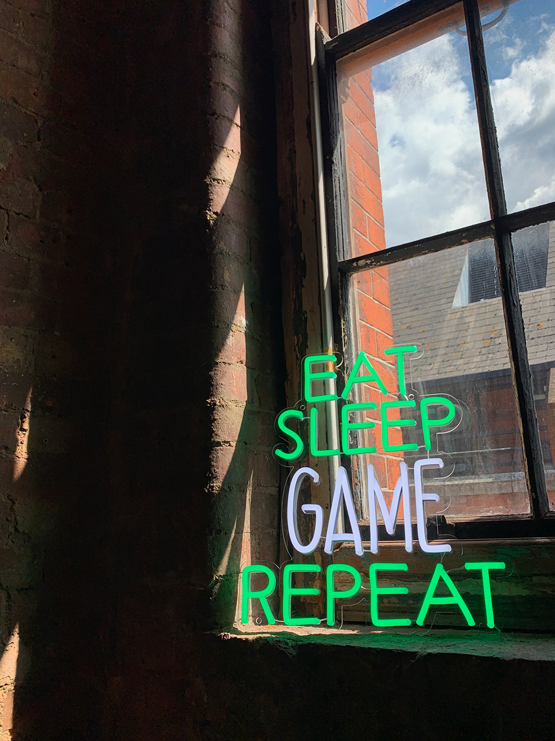 'Eat Sleep Game Repeat' Green & White Neon LED Wall Mountable Sign - Locomocean Ltd