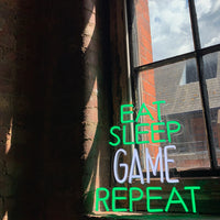 'Eat Sleep Game Repeat' Green & White Neon LED Wall Mountable Sign - Locomocean Ltd