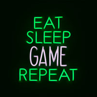 'Eat Sleep Game Repeat' Green & White Neon LED Wall Mountable Sign - Locomocean Ltd