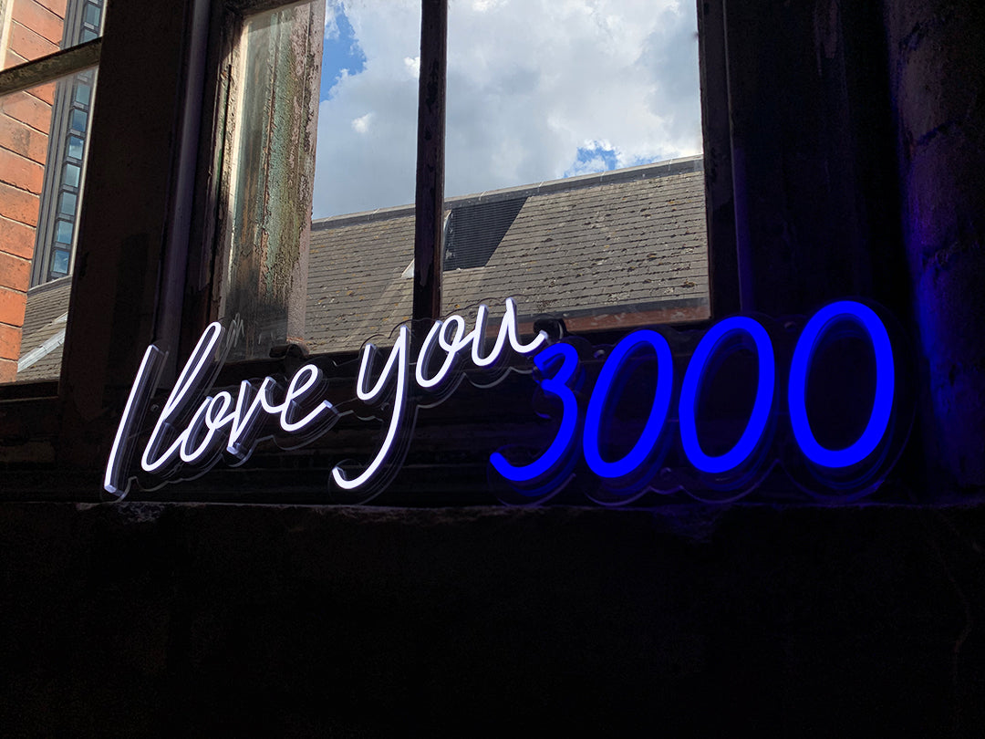 'I Love You 3000' White & Blue Neon LED Wall Mountable Sign - Locomocean Ltd