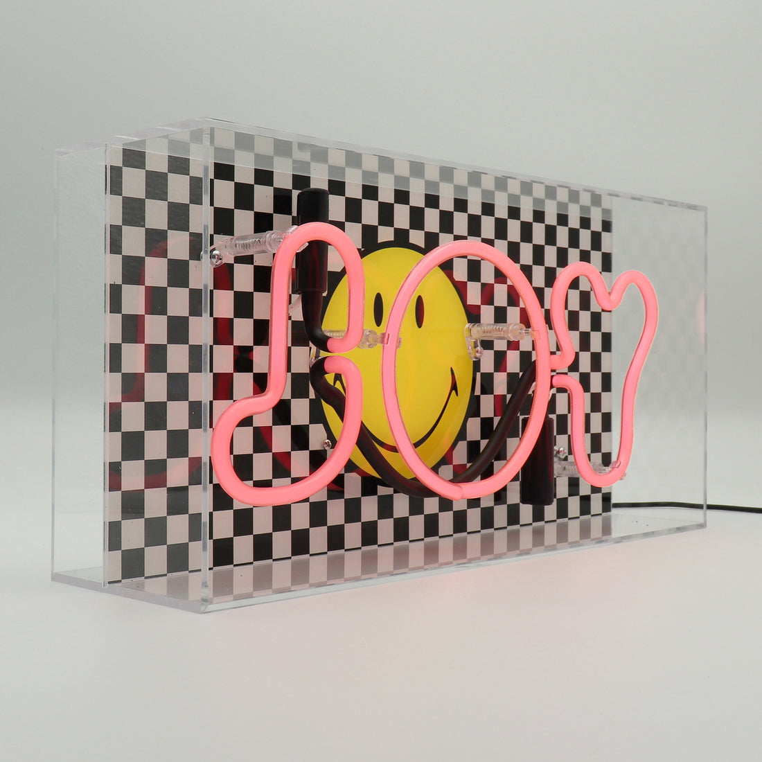 Joy Checkered: The Original Smiley Acrylic Box Glass Neon