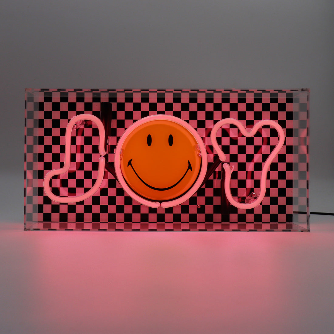 Joy Checkered: The Original Smiley Acrylic Box Glass Neon