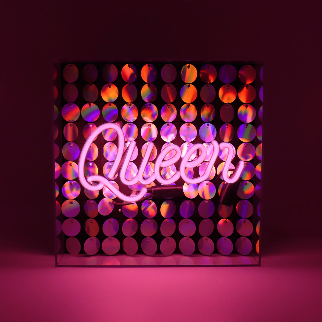 'Queen' Glass Neon Sign with Sequins | Locomocean Ltd